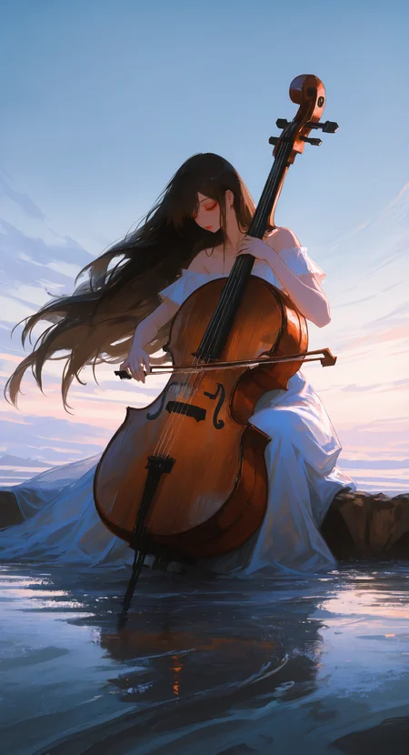 masterpiece, best quality, good quality, very aesthetic, absurdres, newest, 1girl, solo, Sleeveless, very long hair,brown hair, black hair, white Off-shoulder dress, holding, sitting, water, instrument, music,full body, girl focus, close eyes,Makeup, red lips,
holding instrument, playing instrument, bow \(music\), (big cello:1.2),outdoors,sky, wind, Wide Shot, Atmospheric Perspective,low view,
The overall scene should have a bright and colorful atmosphere, with the main tone being light blue. <lora:spo_sdxl_10ep_4k-data_lora_webui:0.6> <lora:ponyv5_noobV065S_1_adamW-000013:0.7> <lora:USNR_STYLE_XL_lokr:0.5> <lora:EtherSDXL:0.15> <lora:748cmSDXL:0.5>