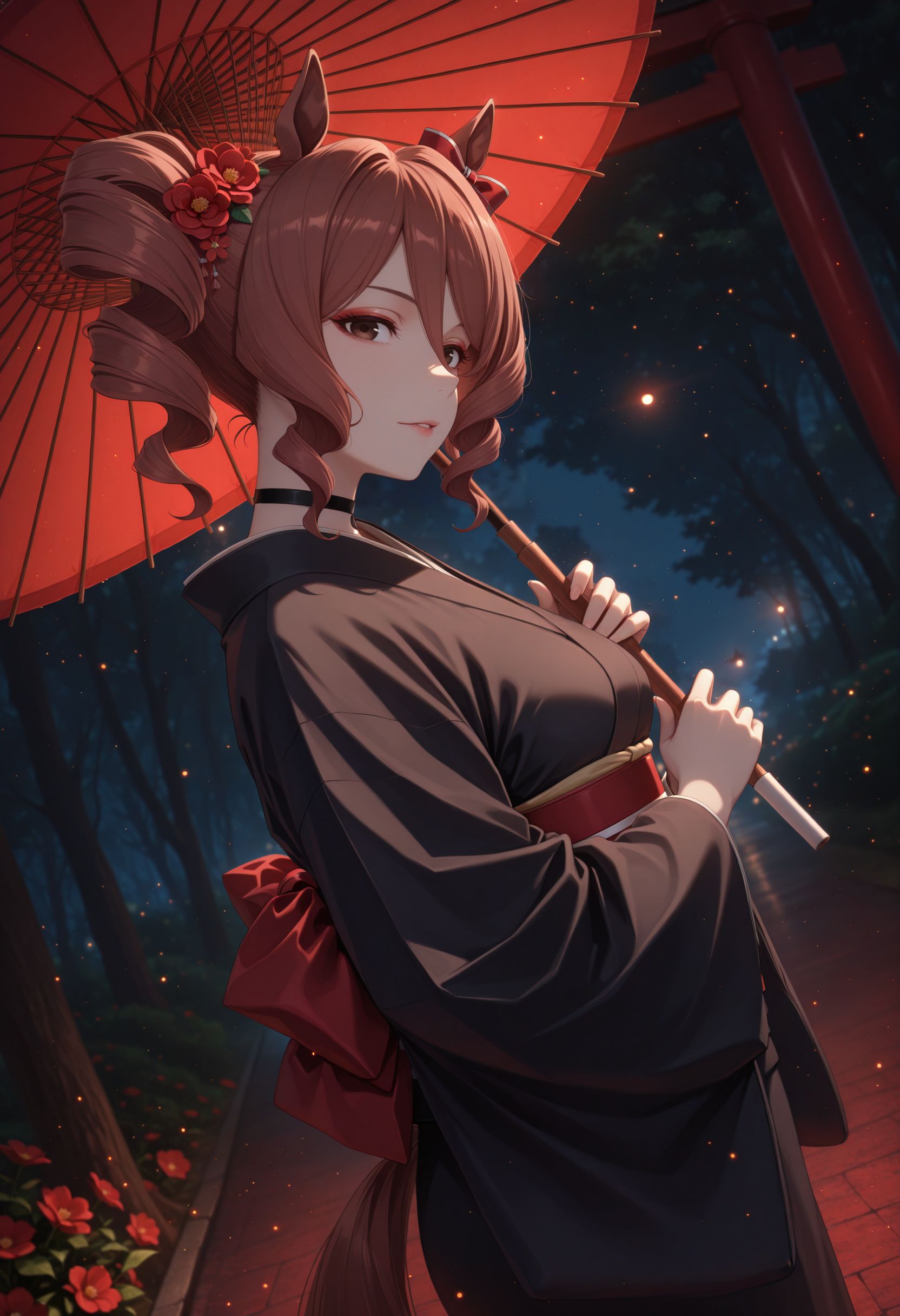 masterpiece, best quality, amazing quality, very awa,absurdres,newest,very aesthetic, looking at viewer, 
, <lora:Norn Ace illu:1> 1girl, brown hair, drill hair, side ponytail, brown eyes, animal ears, horse girl,horse tail,  hair bow, red bow, 
japanese clothes, choker, day, hair flower, kimono, character focus, tree, sash, makeup, umbrella, red flower, nature, holding umbrella, black kimono, oil-paper umbrella, red umbrella, red theme, glowing, ,dutch angle, dark background, (night:0.8), blurry background, glowing light particles, depth of field, from side, looking at viewer,