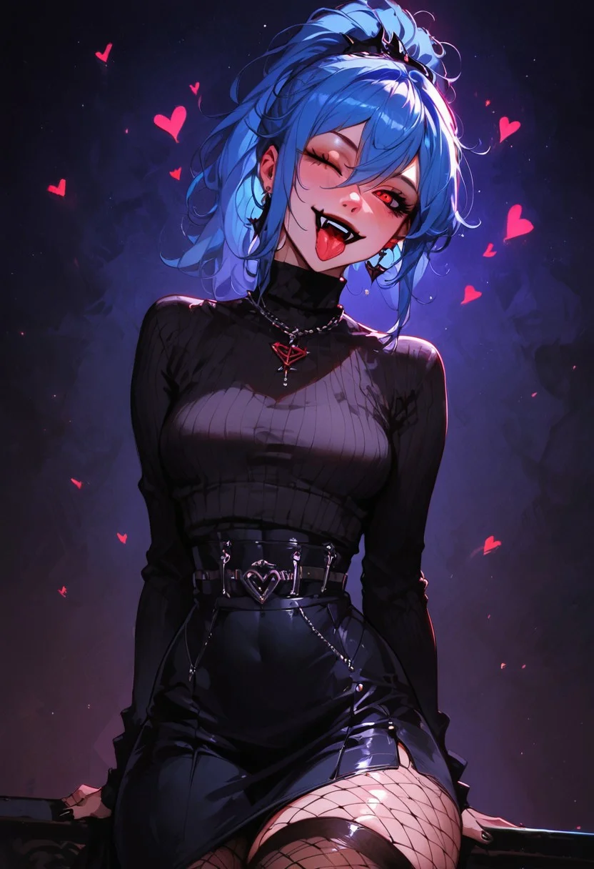 score_9, score_8_up, score_8_up, raw, photo, source_anime, 2.5D, rating-explicit, Goth girl, high detail, detailed face, Expressiveh,1girl, blue hair, anime bangs, hair between eyes, ponytail, red eyes, detailed eyes, girl, big ass, huge thighs, wide hips, perfectly round breasts, medium breasts, petite body, skinny, wide hips, makeup. light skin, tiny breasts, narrow waist, wide hips, bubble butt,  black lipstick, short girl, wide hips, Expressiveh, gigantic thighs, huge thighs,
 black sweater, wide skirt, fishnets, thigh highs, slender, goth clothes, night, dark, dark sky, dynamic angle, long skirt, , happy, fangs, seductive, tongue out, heart, winking