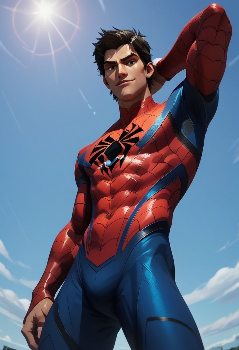 score_9, score_8_up, score_7_up, absurdres, intricate details, masterpiece, best quality, expressiveh,  source_anime, screencap, high quality cg, Peter, red and black hair, realistic, bodysuit, epic angle, smirk, sweaty, one arm behind head, low angle, dynamic angle, view from below, solo, male, 1boy