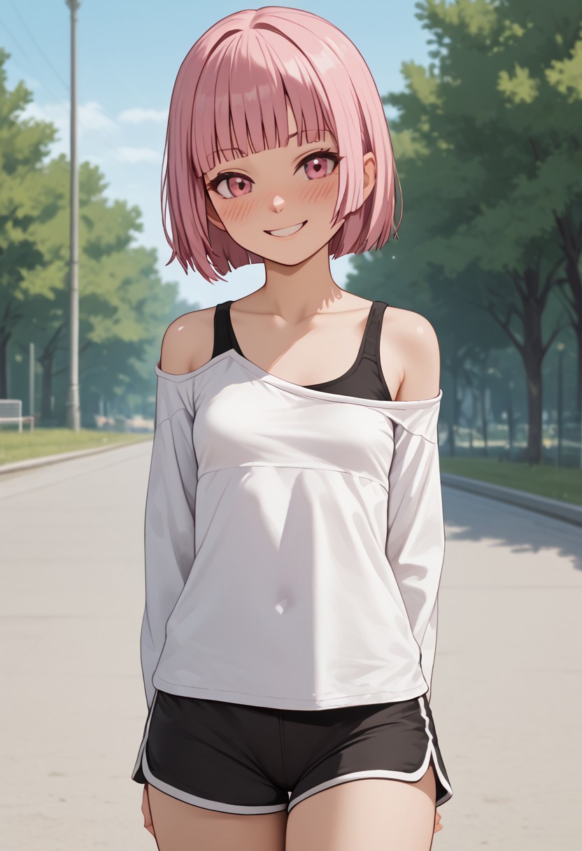 score_4,score_5,score_6,score_7_up,score_8_up,score_9
((masterpiece,best quality,ultra detailed,highres,HD,4k:1.2)),
1girl, solo, girl forcus,solo forcus,
small breast,short hair,pink hair,blunt bangs,sidelocks,pink eyes, 
white shirt,off shoulder,Black underwear, black sports bra, black panties,collarbone,off-shoulder shirt,shorts, blush,smile,
outdoors,school,
blush,smile,light smile,