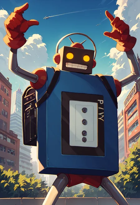 score_9, score_8_up, score_7_up, best quality, 5_fingers
city, radio tower, trees, blue sky
1boy, solo, no humans, mecha, robot, red gloves, backpack, yellow eyes, glowing eyes, teeth, smile, headphones, robot ears, cowboy shot