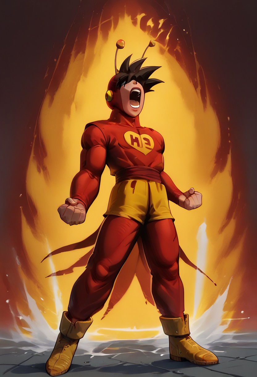 score_9, score_8_up, score_8_up, btimmsketch,
Kipowerup, small ki,glowing energy field, sharp jagged energy waves,energy radiating from skin, white aura
Gohanscreamss2,dramatic pose, powerful pose, legs apart, fistsclenched at sides, SCREAM, Open mouth, teeth,head is tilted back, mouth wide open,  hidden eyes, upward head,raw face, closed eyes, 1boy, latino, mexican boy, solo, brown hair, short boy, muscular, Tight-fitting red bodysuit with long sleeves and full-length leggings, covering the entire torso, arms, and legs. A large yellow heart emblem with the red letters 'CH' is displayed prominently on the chest. He wears yellow shorts over the bodysuit, matching yellow boots. A red hood, integrated into the bodysuit, covers his head, leaving only his face exposed. Two thin, flexible antennae with small yellow spheres at the tips protrude from the hood, dynamic shot, cowboy shot,