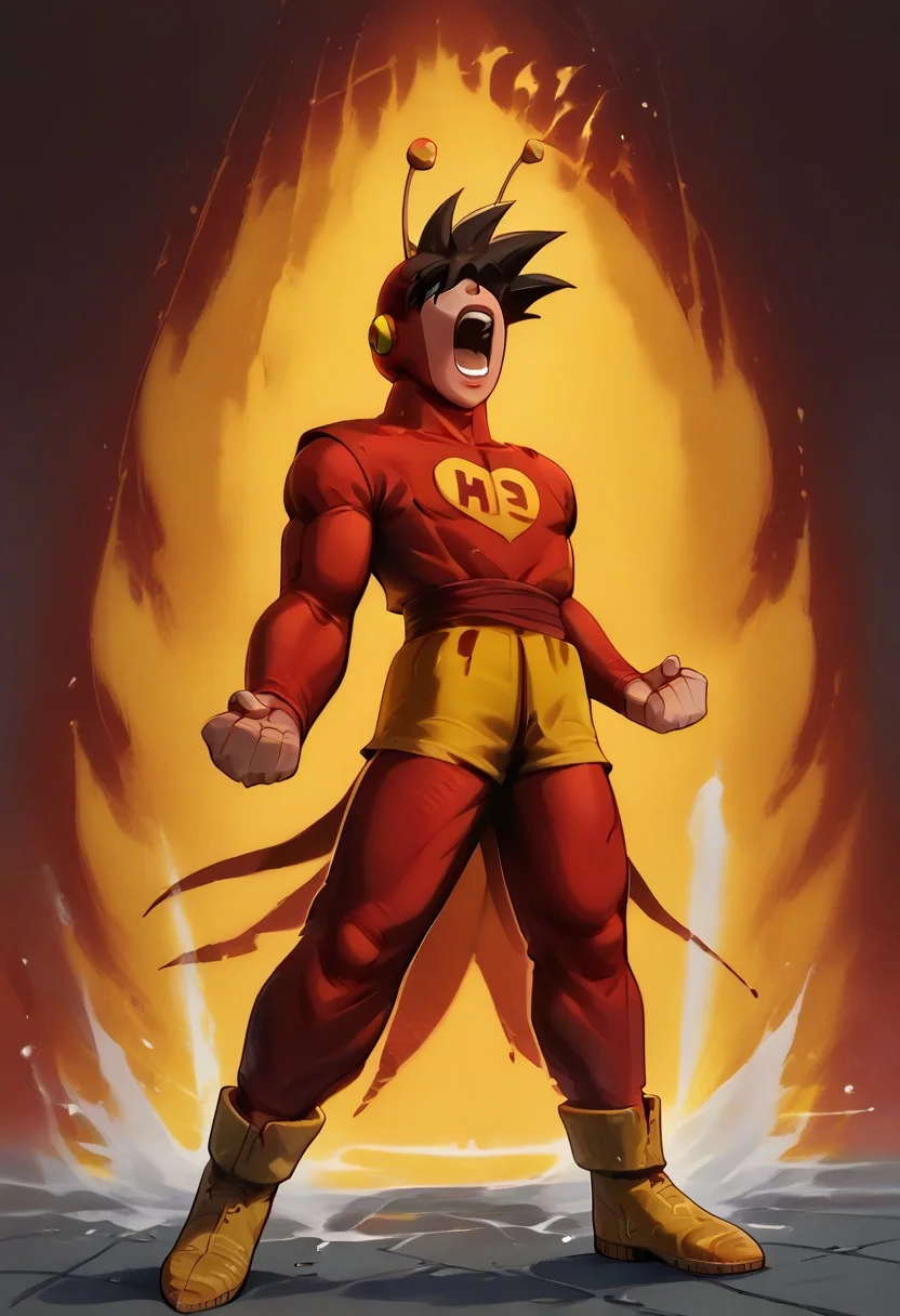 score_9, score_8_up, score_8_up, btimmsketch,
Kipowerup, small ki,glowing energy field, sharp jagged energy waves,energy radiating from skin, white aura
Gohanscreamss2,dramatic pose, powerful pose, legs apart, fistsclenched at sides, SCREAM, Open mouth, teeth,head is tilted back, mouth wide open, hidden eyes, upward head,raw face, closed eyes, 1boy, latino, mexican boy, solo, brown hair, short boy, muscular, Tight-fitting red bodysuit with long sleeves and full-length leggings, covering the entire torso, arms, and legs. A large yellow heart emblem with the red letters 'CH' is displayed prominently on the chest. He wears yellow shorts over the bodysuit, matching yellow boots. A red hood, integrated into the bodysuit, covers his head, leaving only his face exposed. Two thin, flexible antennae with small yellow spheres at the tips protrude from the hood, dynamic shot, cowboy shot,