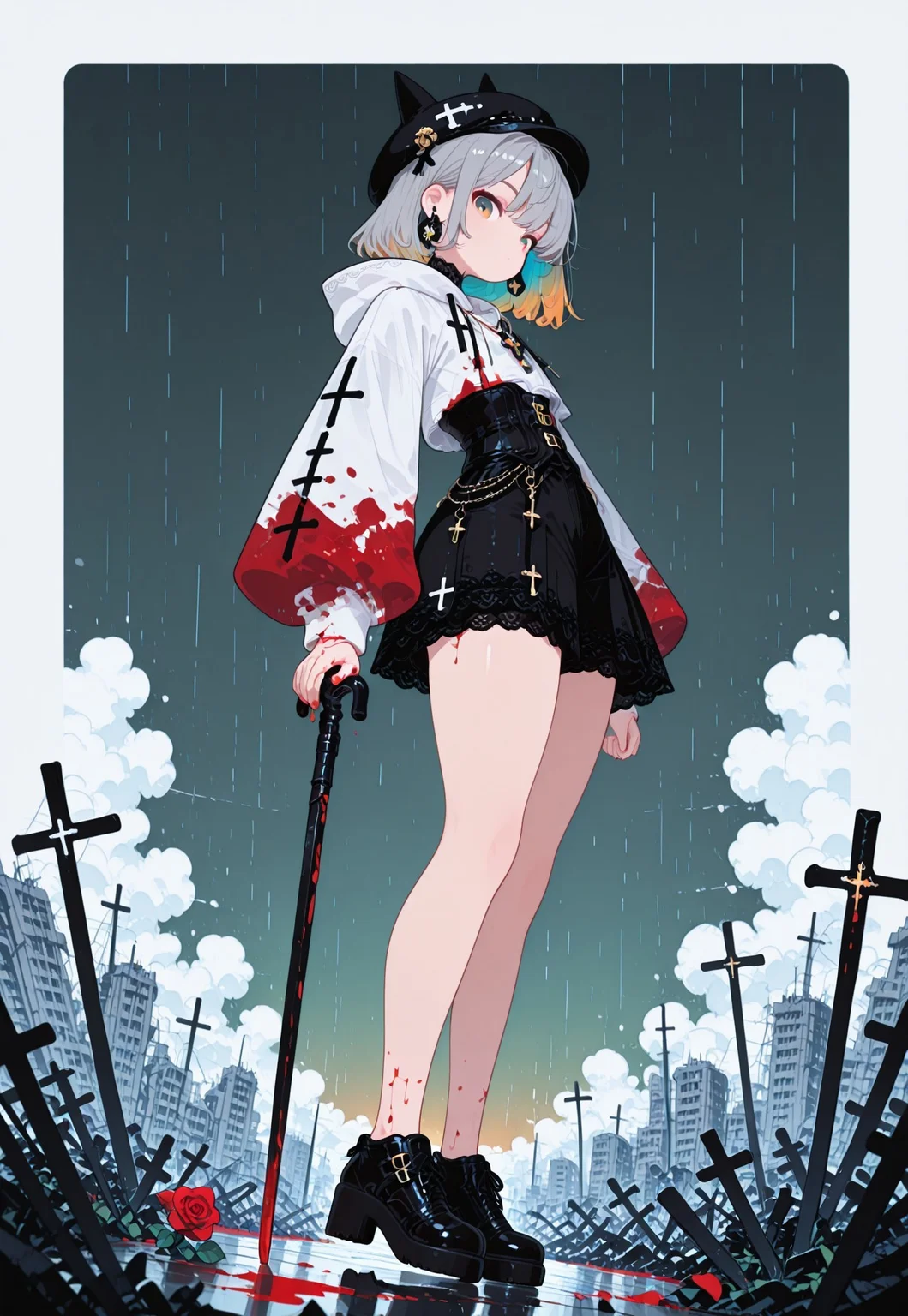 masterpiece, best quality,
1girl, solo, mature woman,
long grey hair, hair ornament, thick thighs, colored inner hair, flat chest, chubby, ((chubby thick legs)), no socks,
dynamic pose, jumping, legs focus,
dynamic view, looking at viewer, dutch angle,
emotion less, ((blood stained clothes, bloodstained sleeves)), holding blood stained sword,
BREAK Gothic style, white hoodie, inverted cross, lace high collar, black corset vest, black fishbone skirt, black shorts, black Mary Jane shoes, cross necklace, black bell-shaped hat, rose brooch, belt, small cane, sleeves with black cross pattern,
((from side)), from below, dynamic perspective, (close up), full body shot,
gradient emerald background with thick white border, abandoned city scape, symmetric thick clouds, raining, rainbow in background,
((action shot)),
flatline, flat color,
fl4t,