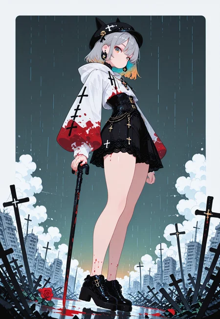 masterpiece, best quality, 

1girl, solo, mature woman, 
long grey hair, hair ornament, thick thighs, colored inner hair, flat chest, chubby, ((chubby thick legs)), no socks,

dynamic pose, jumping, legs focus,


dynamic view, looking at viewer, dutch angle, 

emotion less, ((blood stained clothes, bloodstained sleeves)), holding blood stained sword,

BREAK Gothic style, white hoodie, inverted cross, lace high collar, black corset vest, black fishbone skirt, black shorts, black Mary Jane shoes, cross necklace, black bell-shaped hat, rose brooch, belt, small cane, sleeves with black cross pattern,


((from side)), from below, dynamic perspective, (close up), full body shot,

gradient emerald background with thick white border, abandoned city scape, symmetric thick clouds, raining, rainbow in background,
((action shot)), 

flatline, flat color,
 fl4t,
