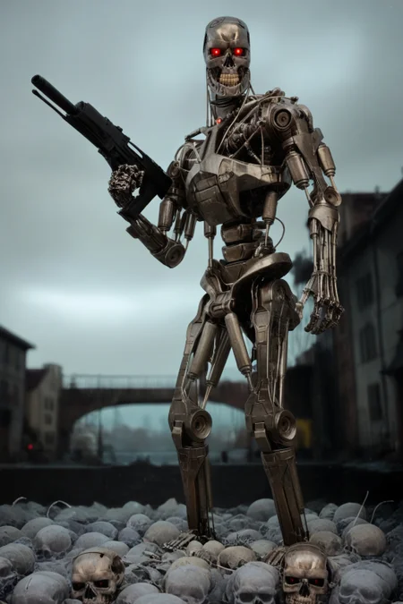 T800_Endo, Terminator robot, score_9, score_8_up, score_7_up, (source_IRL, source_movie), cinematic, realistic, masterpiece, high quality, highres RAW photo, ((full body shot))
a T800_Endo Terminator Robot with red eyes, he is made of metal, <lora:T800_Endo_Terminator_Pony_v1-000013:1>
(standing, holding a futuristic gun)
in a destroyed apocalyptic city, with skulls covering the ground, dark cloudy skies, Apocalyptic Landscape, destroyed city
dynamic lighting, highly detailed, intricate details, shadows, dark, at night