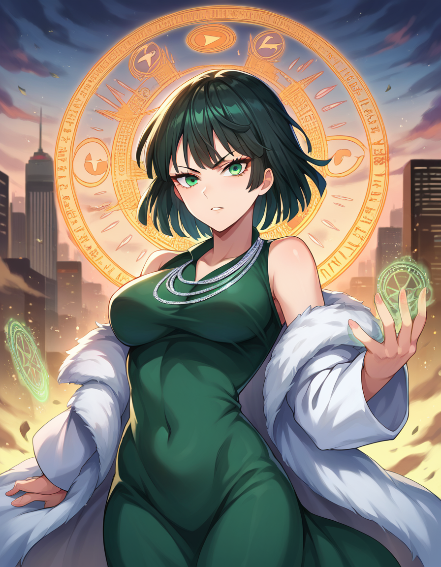 score_9, score_8_up, score_7_up, source_anime,
fubuki, <lora:opm-fubuki-ponyxl-lora-nochekaiser:1>,
fubuki, black hair, green eyes, short hair,
black dress, dress, fur coat, high collar, jewelry, necklace, off shoulder, taut clothes, taut dress,
outdoors, cityscape, magic, magic circle, fighting stance,
looking at viewer, dutch angle, cowboy shot,