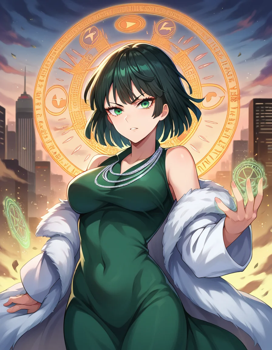 score_9, score_8_up, score_7_up, source_anime,
fubuki, <lora:opm-fubuki-ponyxl-lora-nochekaiser:1>,
fubuki, black hair, green eyes, short hair,
black dress, dress, fur coat, high collar, jewelry, necklace, off shoulder, taut clothes, taut dress,
outdoors, cityscape, magic, magic circle, fighting stance,
looking at viewer, dutch angle, cowboy shot,