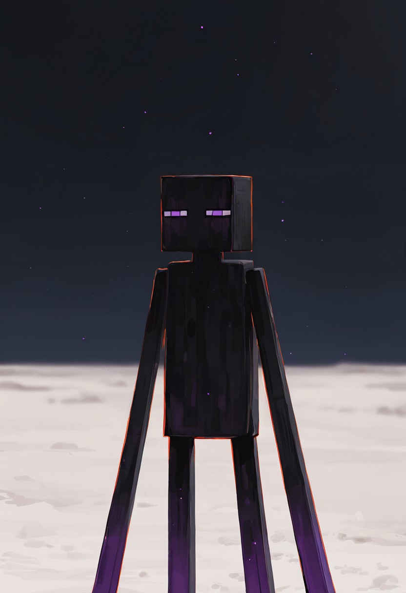 masterpiece, best quality, amazing quality, very aesthetic, absurdres, newest, , detailed background, 
 movie scene, cinematic scene, cinematic, foreground blur, depth of field, 
klskx
enderman, no humans, purple eyes, rectangle eyes, , solo, black skin, no mouth, square head, square body, black head , pokemon (creature), 
night time, desert, black sky, large purple pillars, white sand,