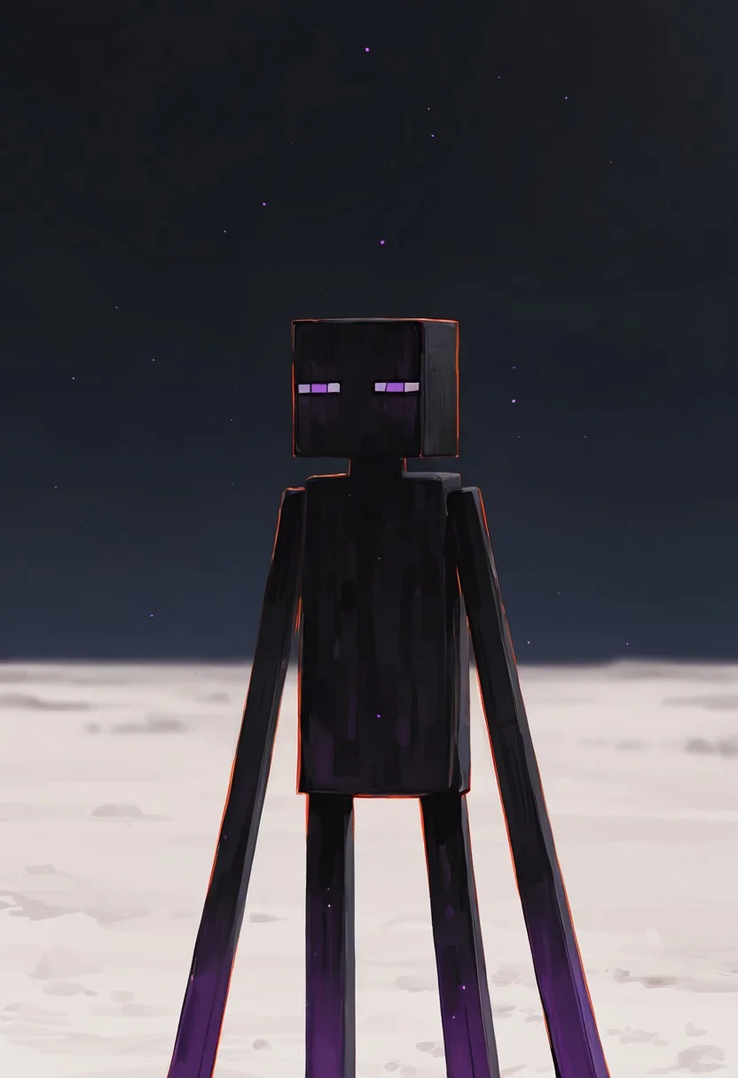 masterpiece, best quality, amazing quality, very aesthetic, absurdres, newest, , detailed background,
movie scene, cinematic scene, cinematic, foreground blur, depth of field,
klskx
enderman, no humans, purple eyes, rectangle eyes, , solo, black skin, no mouth, square head, square body, black head , pokemon (creature),
night time, desert, black sky, large purple pillars, white sand,