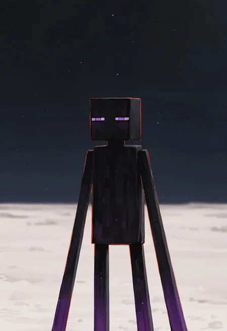 masterpiece, best quality, amazing quality, very aesthetic, absurdres, newest, , detailed background, 
 movie scene, cinematic scene, cinematic, foreground blur, depth of field, 
klskx
enderman, no humans, purple eyes, rectangle eyes, , solo, black skin, no mouth, square head, square body, black head , pokemon (creature), 
night time, desert, black sky, large purple pillars, white sand,