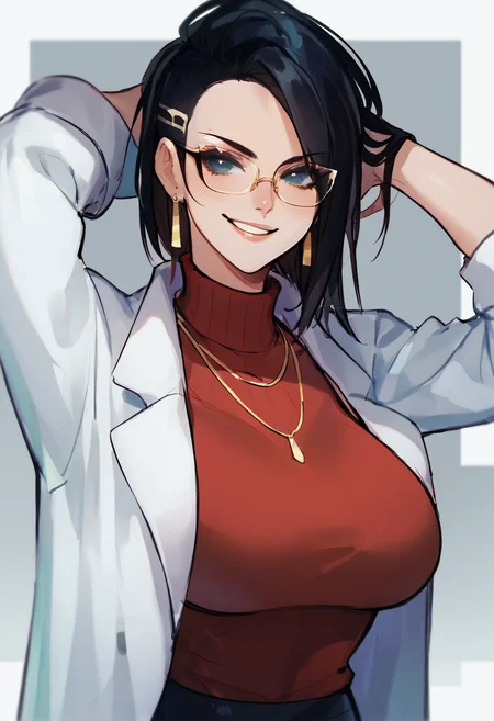 black hair, glasses, earrings, necklace, labcoat, red sweater, turtleneck, black miniskirt, pantyhose, large breasts, upper body, looking at you, smirk, office, arm behind head, <lora:bladechan28:1>, BREAK (score_9, score_8_up, score_7_up),