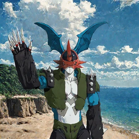 score_9, score_8, score_7, Paildramon, waving arms, beach, happy