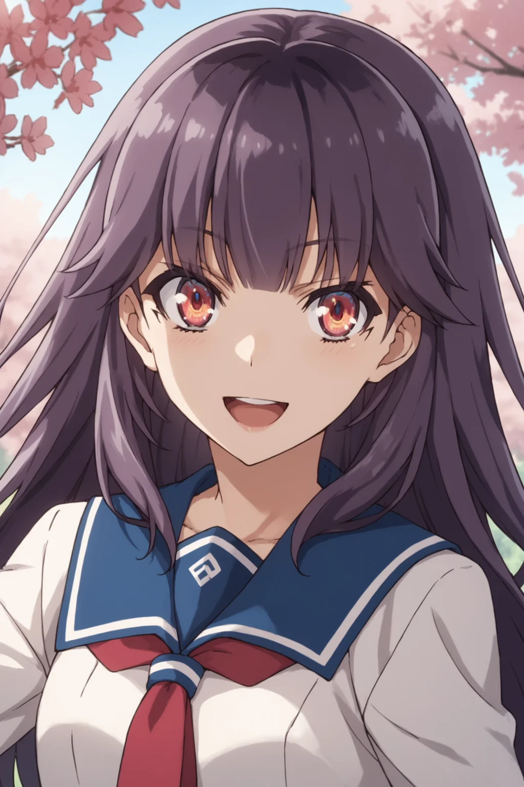 score_9, score_8_up, score_7_up, score_6_up, score_5_up, source_anime, rating_safe, outdoors, high school, cherry blossom, 1girl, solo, looking at viewer, (dynamic pose:1.5), (upper body:1.1), homura chika, purple hair, long hair, red eyes, shimizu minami high school uniform, serafuku, long sleeves, blue collar, red neckerchief, white shirt, blue skirt, plaid skirt, white kneehighs, loafers, <lora:Chika_Homura:0.8>, <lora:age_slider_v4:2>, smile, open mouth