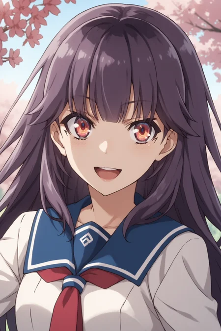 score_9, score_8_up, score_7_up, score_6_up, score_5_up, source_anime, rating_safe, outdoors, high school, cherry blossom, 1girl, solo, looking at viewer, (dynamic pose:1.5), (upper body:1.1), homura chika, purple hair, long hair, red eyes, shimizu minami high school uniform, serafuku, long sleeves, blue collar, red neckerchief, white shirt, blue skirt, plaid skirt, white kneehighs, loafers, <lora:Chika_Homura:0.8>, <lora:age_slider_v4:2>, smile, open mouth