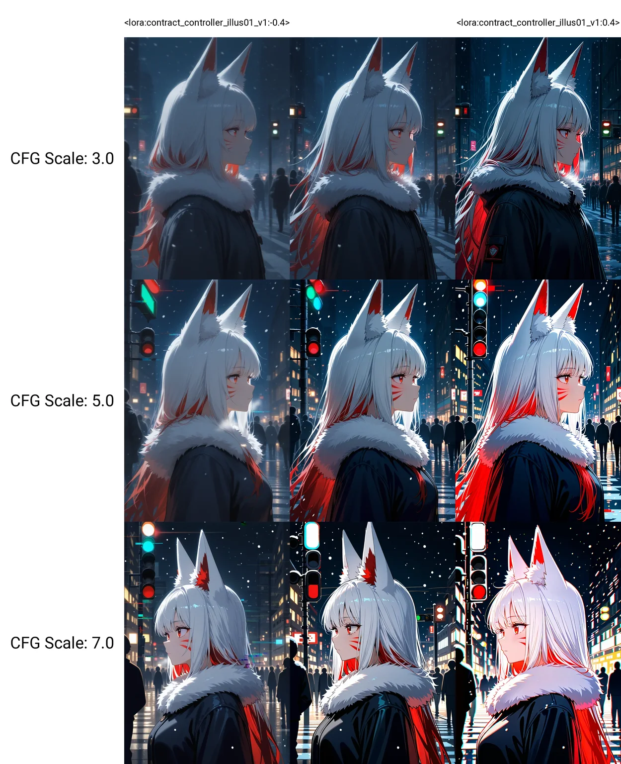 <lora:contract_controller_illus01_v1:-0.4>1girl,fox ears,red eyes,white hair,red hair,long hair,closed mouth,multicolored hair,whisker markings,fur trim,looking away,upper body,from side,snowing,night street background,traffic light,(glitch:1.1),people,masterpiece,dark,