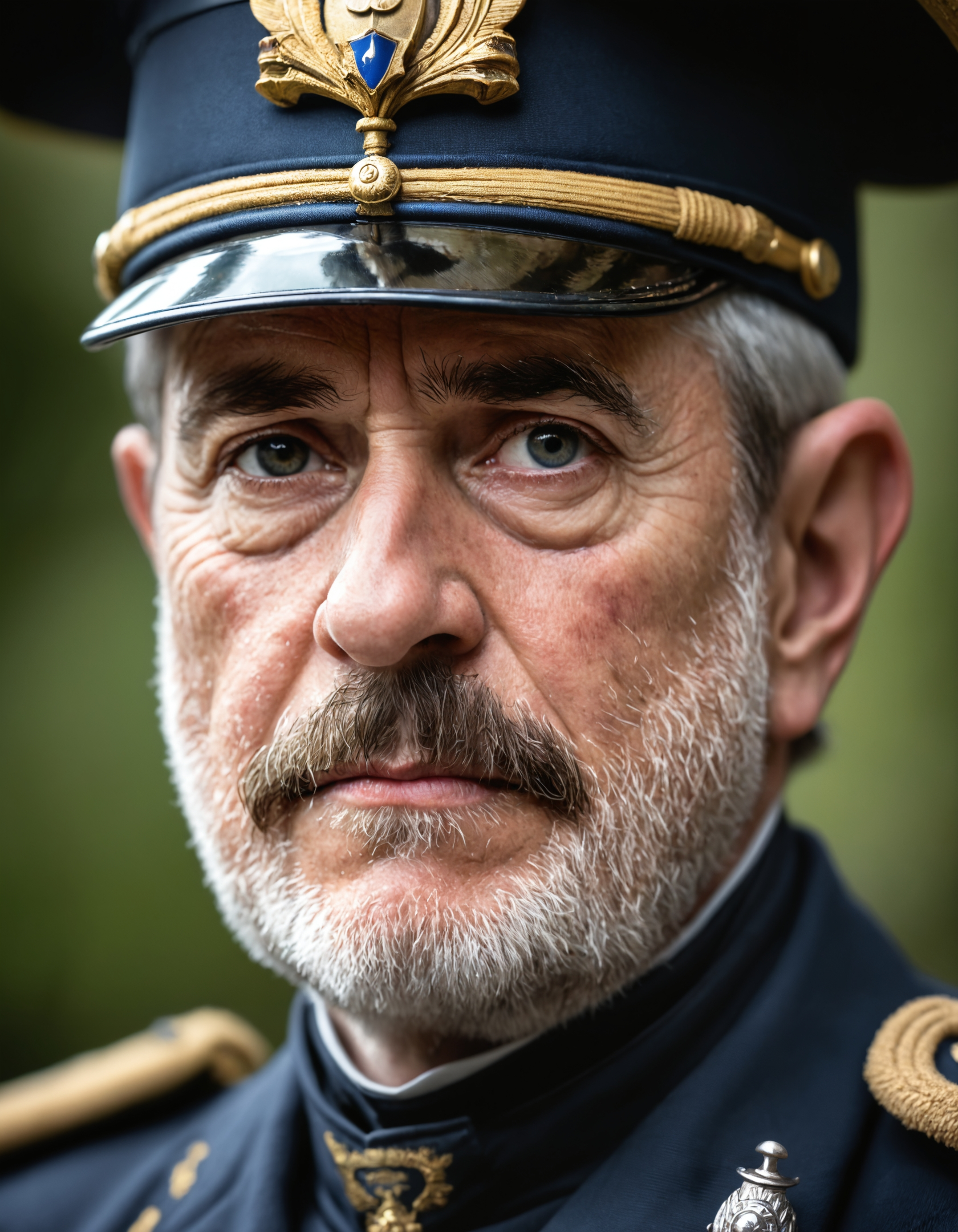 macro portrait of victorian officer, 100mm f/2.8 macro lens, skin pores, imperfections, pores, moustache, macro, extreme details, looking at viewer,