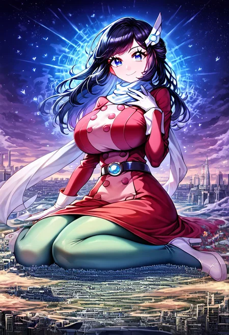 gorgeous lips, cinematic, (masterpiece), (best quality), (ultra-detailed), very aesthetic, perfect composition, intricate details, absurdres, detailed face, (anime, masterpiece, intricate:1.3), (best quality, hires textures, high detail:1.2), score_9, score_8_up, score_7_up, source_anime, 1girl, pokemon dawn, black hair, blue eyes, sidelocks, long hair, eyelashes, hair ornament, scarf, dress, red dress, long sleeves, buttons, gloves, white gloves, belt, pantyhose, green pantyhose, laced heels, white footwear, skirt, flower patterns, alternate_costume, butterflies, massive breasts, facial expression, kind, soft eyes, head tilt, slightly smiling, closed mouth, hand on breasts, goddess, planet size, giantess, enormous body, growing even bigger, larger than cities, towering over cities, small planet, sitting on a the floor, floating object, gradient eyes, beautiful detailed eyes, city background, city, building, skyscrapers, in the city, surrounded by buildings, holding planet, (masterpiece:1.4), (best quality:1.4), (ultra-detailed:1.2), gl0w, glow,
