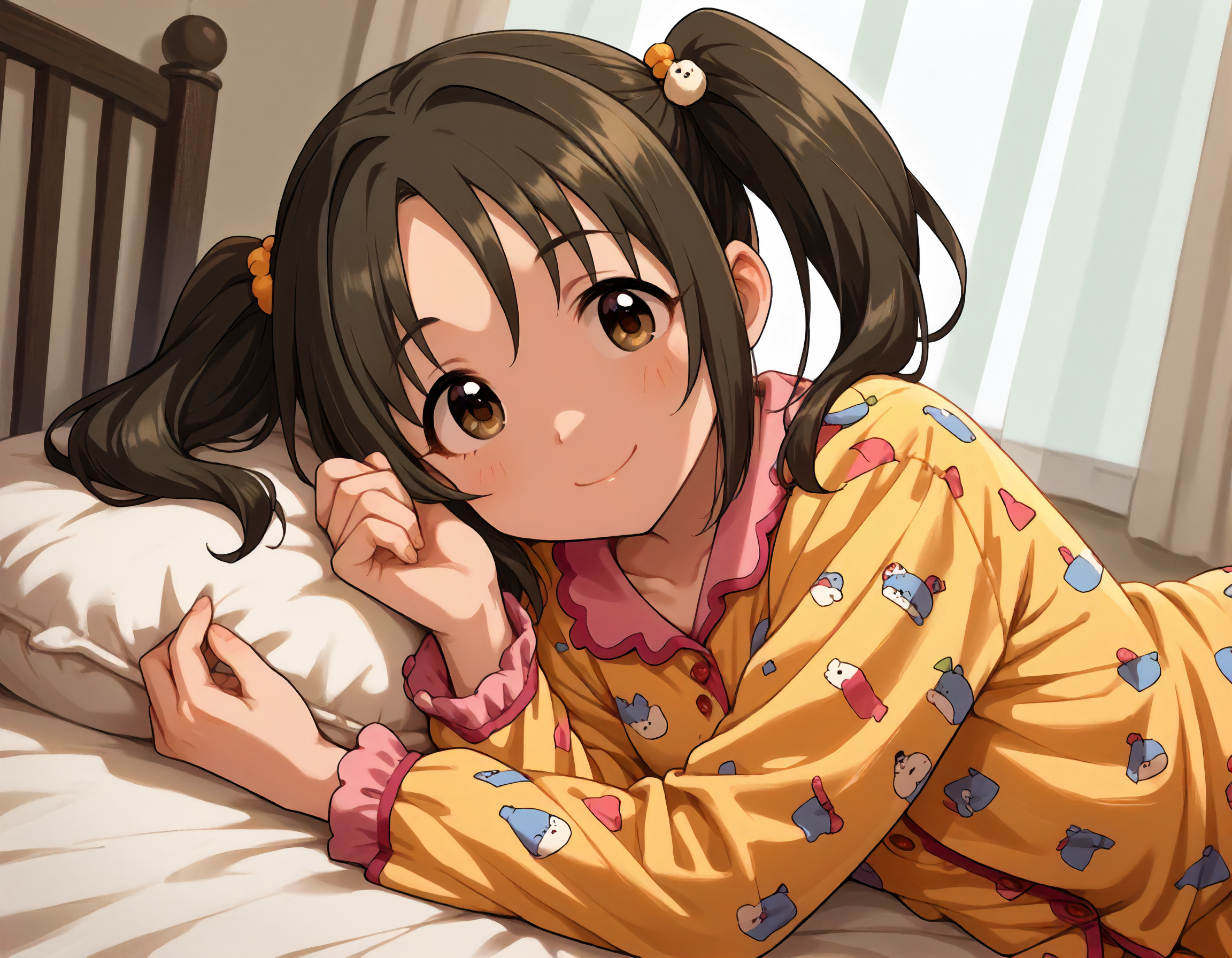 score_9,score_8_up,score_7_up,1girl,solo,lying,on side,upper body,looking at viewer,smile,closed mouth,bed,
<lora:imaikana_ponyXLV6:0.8>,cgikn,
brown hair,twintails,brown eyes,
pajamas
