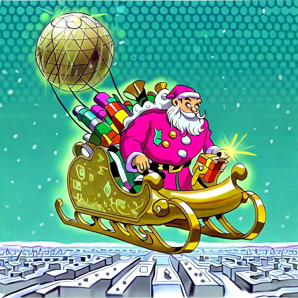 fluffy_new_year, neon lights, 80s style, Santa Claus in a neon green and pink outfit, retro-futuristic sleigh with holographic decorations, reindeer with neon-colored harnesses, disco ball hanging from the sleigh, snow-covered 80s cityscape background, vibrant and lively atmosphere, (fluffy_new_year:1.2), retrowave aesthetic, dynamic poses, energetic vibe, glowing effects, norman rockwell style, Akaburstyle