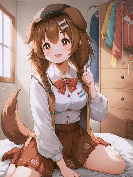 <lora:3_Style_Art_Chintora_XL:0.8> <lora:HOLOLIVE_Korone_XL:0.7> inugami korone, 1girl, brown hair, brown eyes, animal ears, dog tail, ik2, white shirt, brown skirt, twin braids, hat, long sleeves, plaid bowtie, medium breasts, hairclip, <lora:9_Detail_Tweaker_XL:0.8>, score_9, score_8_up, score_7_up, source_anime, masterpiece, best quality, highly detailed background, cinematic lighting, detailed eyes, perfect face,, lazy, teenager room, messy, bedroom, bed sheet, closet,