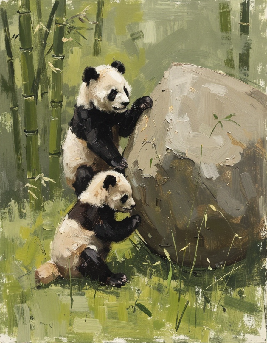 painting sketch of a curious young panda attempting to climb a large boulder with its momma panda watching as she eats bamboo sitting on the grass in front of a bamboo forest