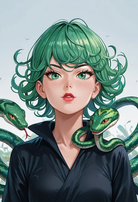 score_9,score_8_up,score_7_up,score_6_up,score_5_up,source_anime,1girl, 1girl, tatsumaki, green eyes, saitama outfit, shortstack, looking at viewer, bald girl, 19yo, lipstick , flirty, snake, snake on shoulders, upper body view,