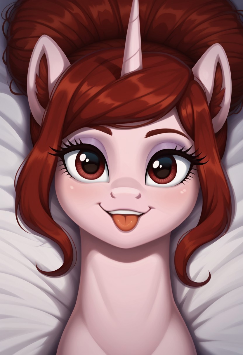score_9, score_8_up, score_7_up, score_6_up, score_5_up, score_4_up, my little pony, solo, pony, feral pony, unicorn, Rosa Maledicta, pale pink skin, queen of blood, smile, happy, tongue, on back, bed, castle, castlevania, look at you, beautiful, detailed, detailed fur, beautiful, vector, flat colors, (beautiful long eyelashes), ((close-up)), high angle