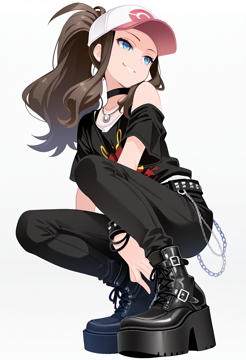 masterpiece, best quality, 1girl, solo, eyelashes, (beautiful eyes),   zzHilda, blue eyes, long hair, high ponytail, sidelocks, hat, <lora:HildaPokemonIXL_e08:1.0>, head tilt, smirk,  squatting, low angle, from side, foot focus, platform footwear,   C0utur3Cr4z3, solo, simple background, shirt, 1boy, white background, jewelry, standing, full body, male focus, boots, shoes, choker, belt, pants, necklace, off shoulder, black footwear, bracelet, black shirt, chain, black pants, t-shirt, spikes, , print shirt, fashion, studded belt,   <lora:CoutureCraze_IXL:1.0>,