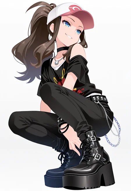 masterpiece, best quality, 1girl, solo, eyelashes, (beautiful eyes), zzHilda, blue eyes, long hair, high ponytail, sidelocks, hat, <lora:HildaPokemonIXL_e08:1.0>, head tilt, smirk, squatting, low angle, from side, foot focus, platform footwear, C0utur3Cr4z3, solo, simple background, shirt, 1boy, white background, jewelry, standing, full body, male focus, boots, shoes, choker, belt, pants, necklace, off shoulder, black footwear, bracelet, black shirt, chain, black pants, t-shirt, spikes, , print shirt, fashion, studded belt, <lora:CoutureCraze_IXL:1.0>,