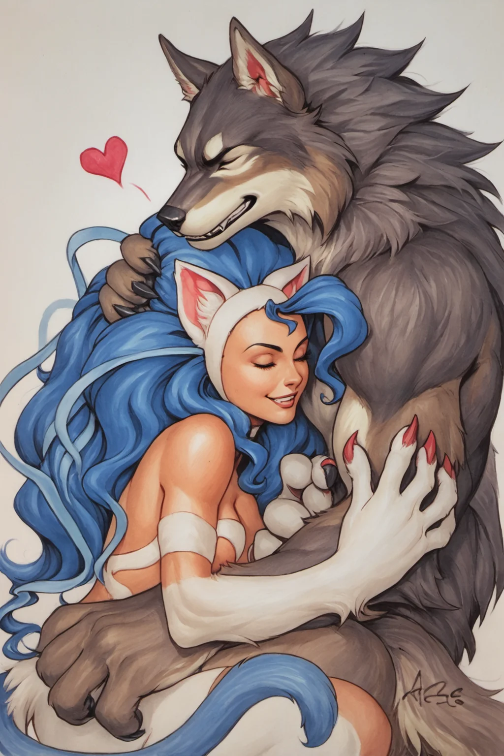 1girl,werewolf,big hair,felicia (vampire),1boy,animal ears,blue hair,closed eyes,heart,long hair,tail,animal hands,cat ears,sitting,smile,claws,wolf,grabbing another's hair,traditional media,body fur,fur,score_9,score_8_up,<lora:Artgerm_XL_PONY:0.8>,