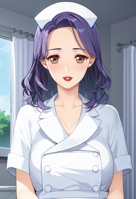 score_9, score_8_up, score_7_up,BREAK  portrait,close-up,1girl,Yayy,brown eyes,mature female, smile,parted lips,purple hair,long hair,lipstick,makeup,nurse cap,white nurse outfit,short sleeves,collarbone,infirmary,   <lora:KUSI:1>