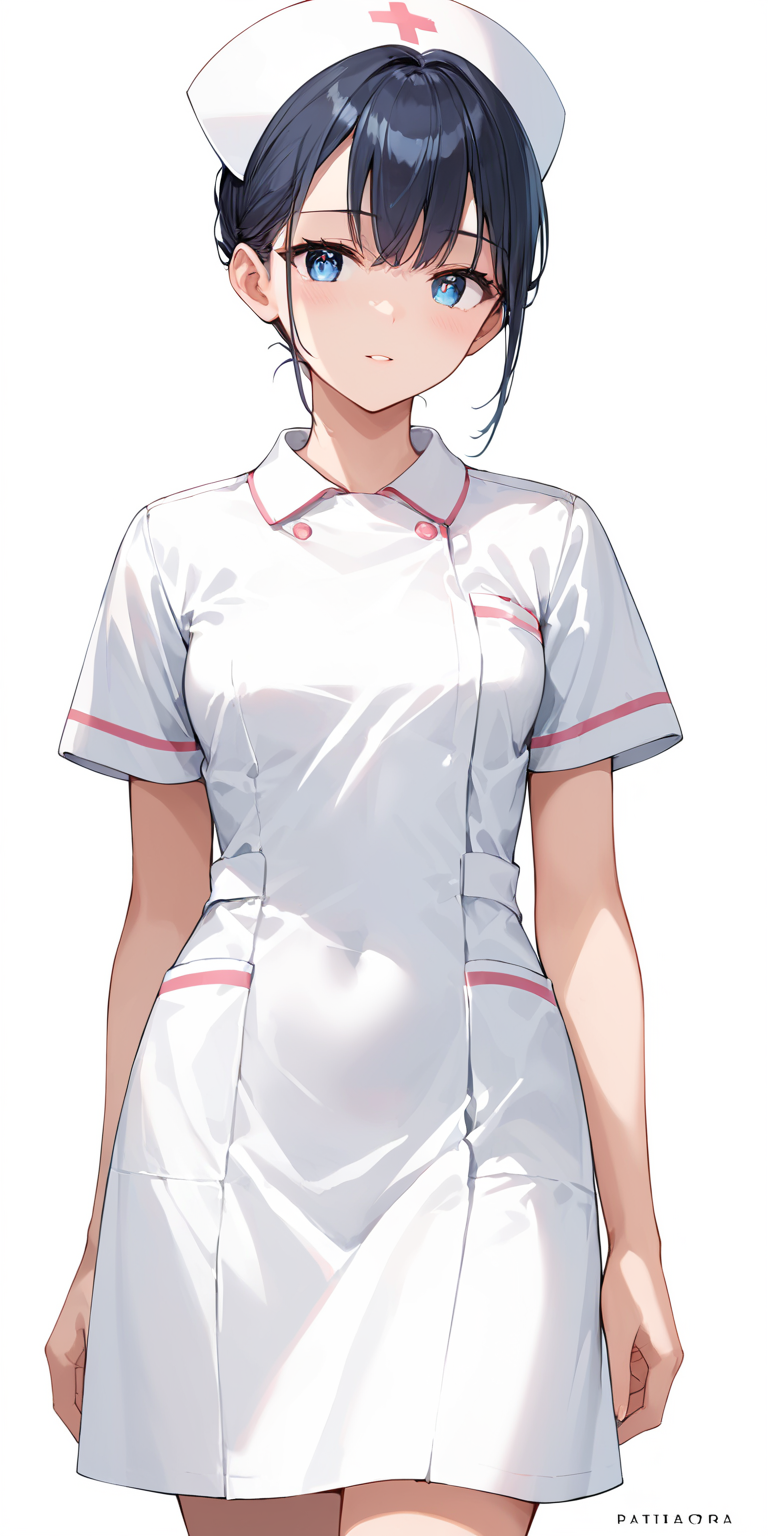 score_9, score_8_up, score_7_up,source_anime, high res image,masterpiece,best quality,girl,cute face,clear skin,shiny hair,ultra detailed eyes,simple background, <lora:nurse_pony_V1.0:1> nurse, white dress, nurse cap