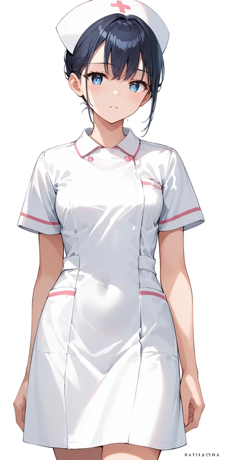 score_9, score_8_up, score_7_up,source_anime, high res image,masterpiece,best quality,girl,cute face,clear skin,shiny hair,ultra detailed eyes,simple background, <lora:nurse_pony_V1.0:1> nurse, white dress, nurse cap