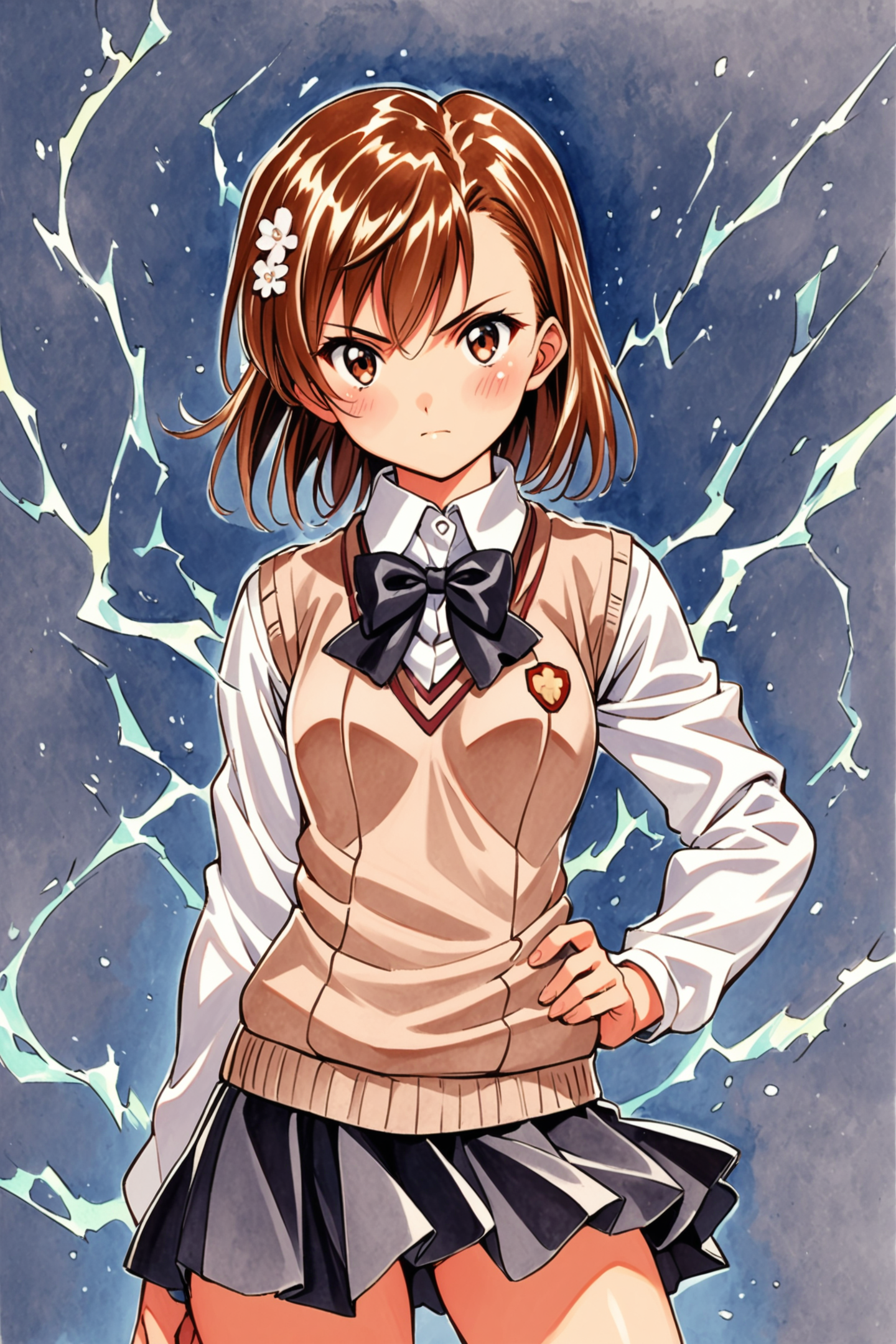1girl,misaka mikoto,skirt,solo,brown hair,brown eyes,hair ornament,bow,pleated skirt,looking at viewer,short hair,hand on hip,bowtie,school uniform,tokiwadai school uniform,electricity,long sleeves,bangs,black skirt,blush,shirt,breasts,cowboy shot,closed mouth,hair flower,white shirt,sweater vest,electrokinesis,black bow,black bowtie,thighs,traditional media,<lora:Sakura Wars_XL_V2.1:0.8>,