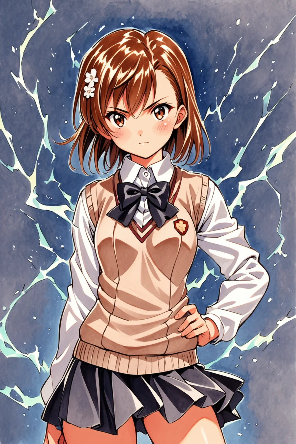 1girl,misaka mikoto,skirt,solo,brown hair,brown eyes,hair ornament,bow,pleated skirt,looking at viewer,short hair,hand on hip,bowtie,school uniform,tokiwadai school uniform,electricity,long sleeves,bangs,black skirt,blush,shirt,breasts,cowboy shot,closed mouth,hair flower,white shirt,sweater vest,electrokinesis,black bow,black bowtie,thighs,traditional media,<lora:Sakura Wars_XL_V2.1:0.8>,