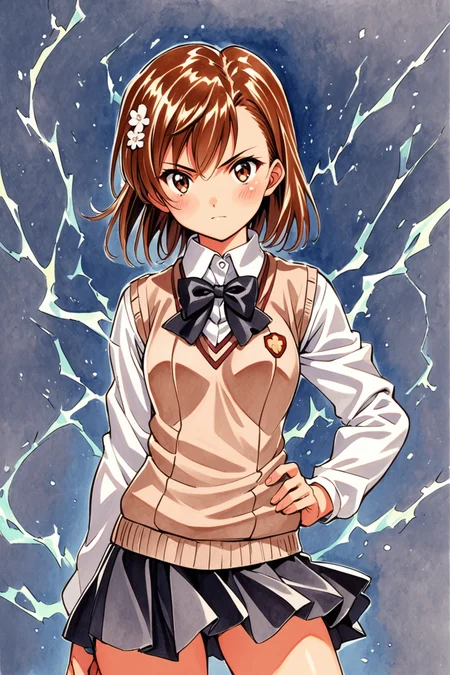 1girl,misaka mikoto,skirt,solo,brown hair,brown eyes,hair ornament,bow,pleated skirt,looking at viewer,short hair,hand on hip,bowtie,school uniform,tokiwadai school uniform,electricity,long sleeves,bangs,black skirt,blush,shirt,breasts,cowboy shot,closed mouth,hair flower,white shirt,sweater vest,electrokinesis,black bow,black bowtie,thighs,traditional media,<lora:Sakura Wars_XL_V2.1:0.8>,