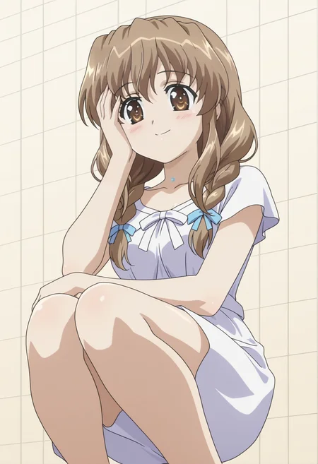 masterpiece, best quality, amazing quality, anime screencap, anime coloring, 1girl, solo,  <lora:DX888HarukaIL:1> nogizaka haruka, brown hair, brown eyes, twin braids,  har over shoulder, hair ribbon, white dress,   BREAK beige background, grid background,  (simple background:1.2) BREAK  (dynamic pose:1.2), smile, blsuh, facepalm, squatting, from below,