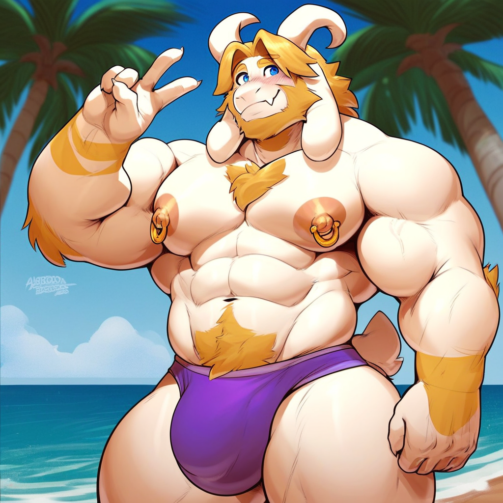 furry, Asgore Dreemurr, goat boy, older, mature, cartoon style, 2d, male, thick thighs, blue eyes, wide hips, voluptuous, blushing, smiling softly, sexy, peace sign with left hand, standing, purple speedo, large bulge, topless, muscular male, abs, large pectorals, big nipples, gold nipple ring piercings, beach, solo, score_9, score_8_up, score_7_up, score_6_up, score_5_up, score_4_up,