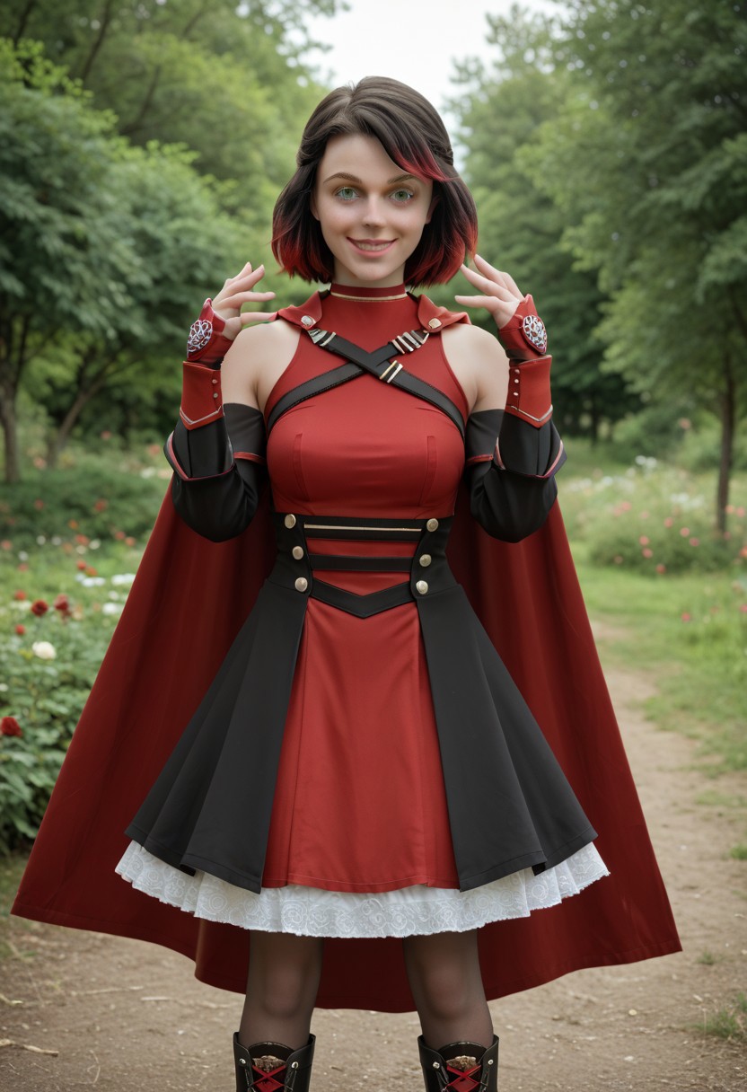 score_9, score_8_up, score_7_up,, high res ima , source_photo, source_real, (realistic:1.4),
,
1girl, cowboy shot, solo, outdoors, smile, looking at viewer, <lora:Summer_Rose_-_IL:0.8> SummerRose_RWBY,  short hair, black hair,gradient hair, grey eyes, fingerless gloves, detached sleeves, bare shoulders,  red dress,pantyhose, red cape, boots, masterpiece, best quality, good quality, newest, hands up over head