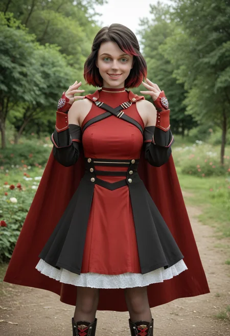 score_9, score_8_up, score_7_up,, high res ima , source_photo, source_real, (realistic:1.4),
,
1girl, cowboy shot, solo, outdoors, smile, looking at viewer, <lora:Summer_Rose_-_IL:0.8> SummerRose_RWBY, short hair, black hair,gradient hair, grey eyes, fingerless gloves, detached sleeves, bare shoulders, red dress,pantyhose, red cape, boots, masterpiece, best quality, good quality, newest, hands up over head