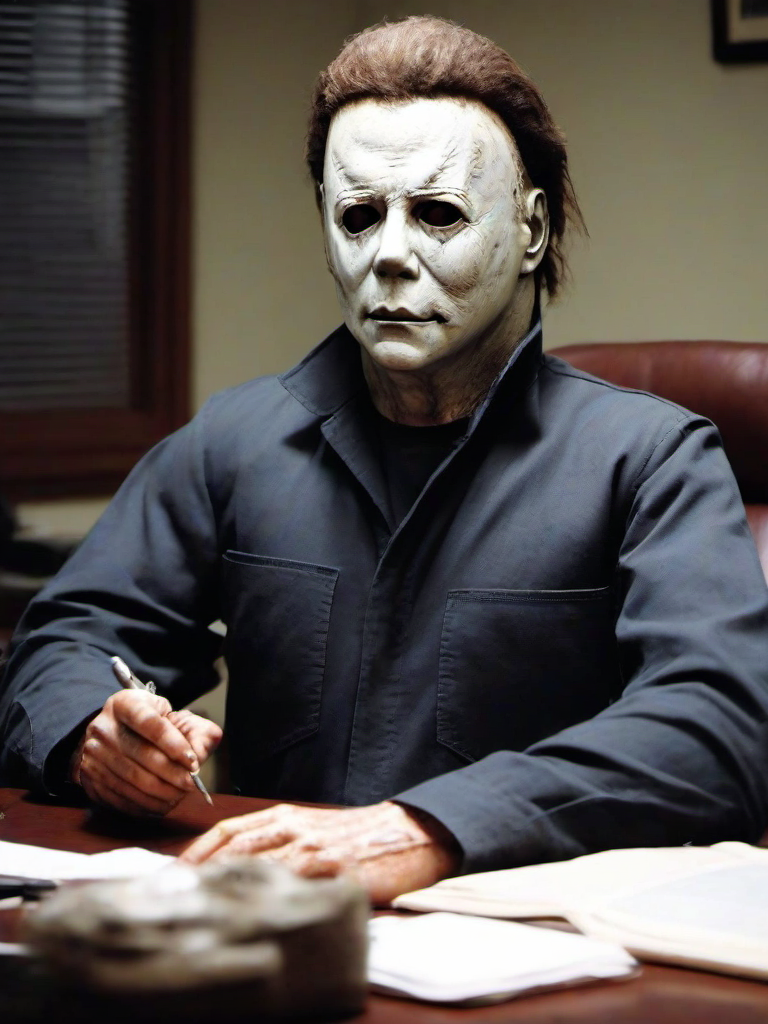Masterpice,High Quality,
 <lora:PE_Michael Myers:0.8> PEMichaelMyers,
inside office,doing office work
