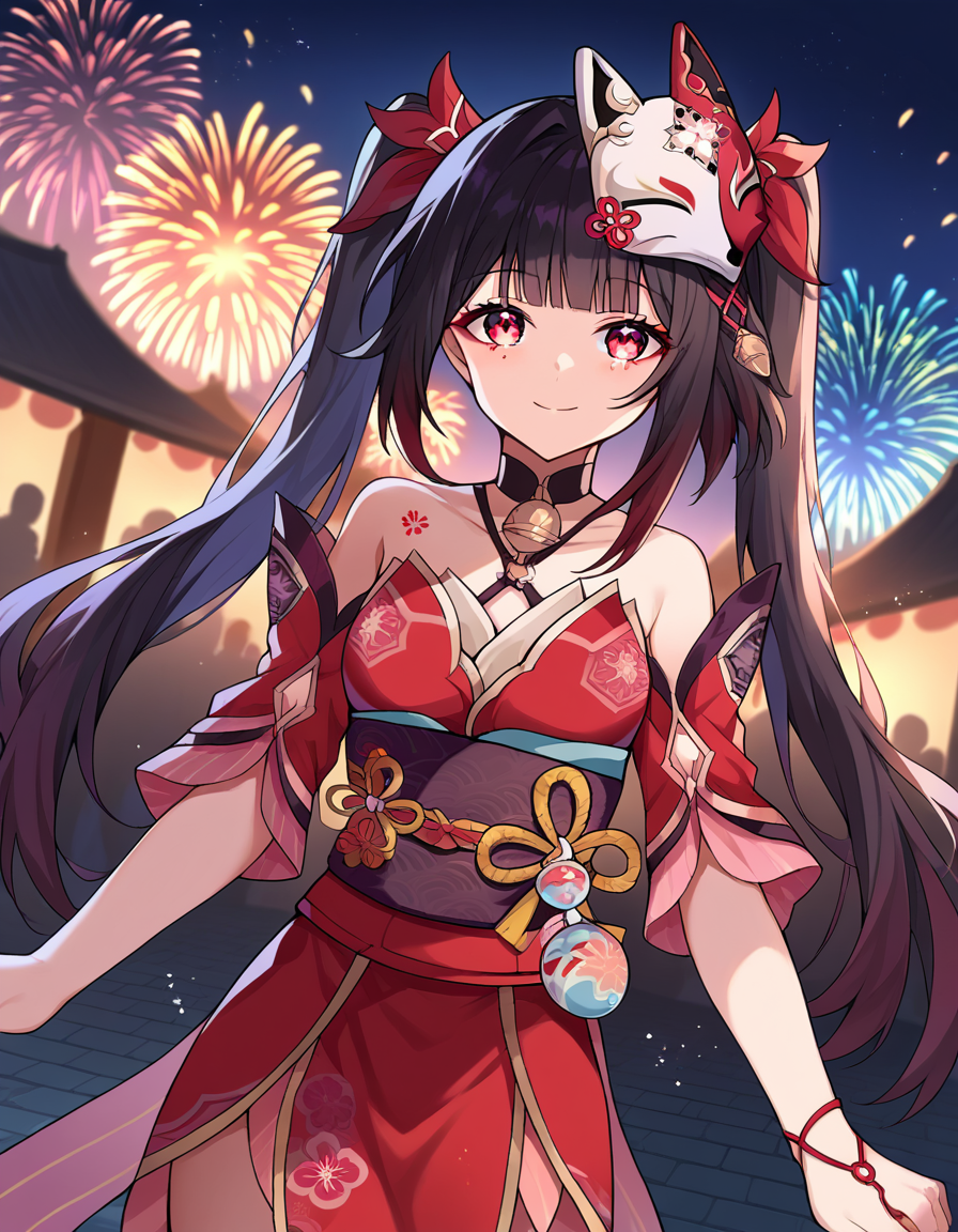score_9, score_8_up, score_7_up, source_anime,
honkaisparkle, <lora:honkai-sparkle-ponyxl-lora-nochekaiser:1>,
sparkle, long hair, bangs, black hair, hair ornament, twintails, red eyes, bell, mask, mask on head, fox mask, smile,
dress, bare shoulders, japanese clothes, sash, tattoo, red dress,
outdoors, fireworks, festival,
looking at viewer, cowboy shot, dutch angle,