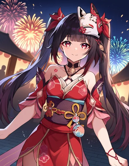 score_9, score_8_up, score_7_up, source_anime,
honkaisparkle, <lora:honkai-sparkle-ponyxl-lora-nochekaiser:1>,
sparkle, long hair, bangs, black hair, hair ornament, twintails, red eyes, bell, mask, mask on head, fox mask, smile,
dress, bare shoulders, japanese clothes, sash, tattoo, red dress,
outdoors, fireworks, festival,
looking at viewer, cowboy shot, dutch angle,