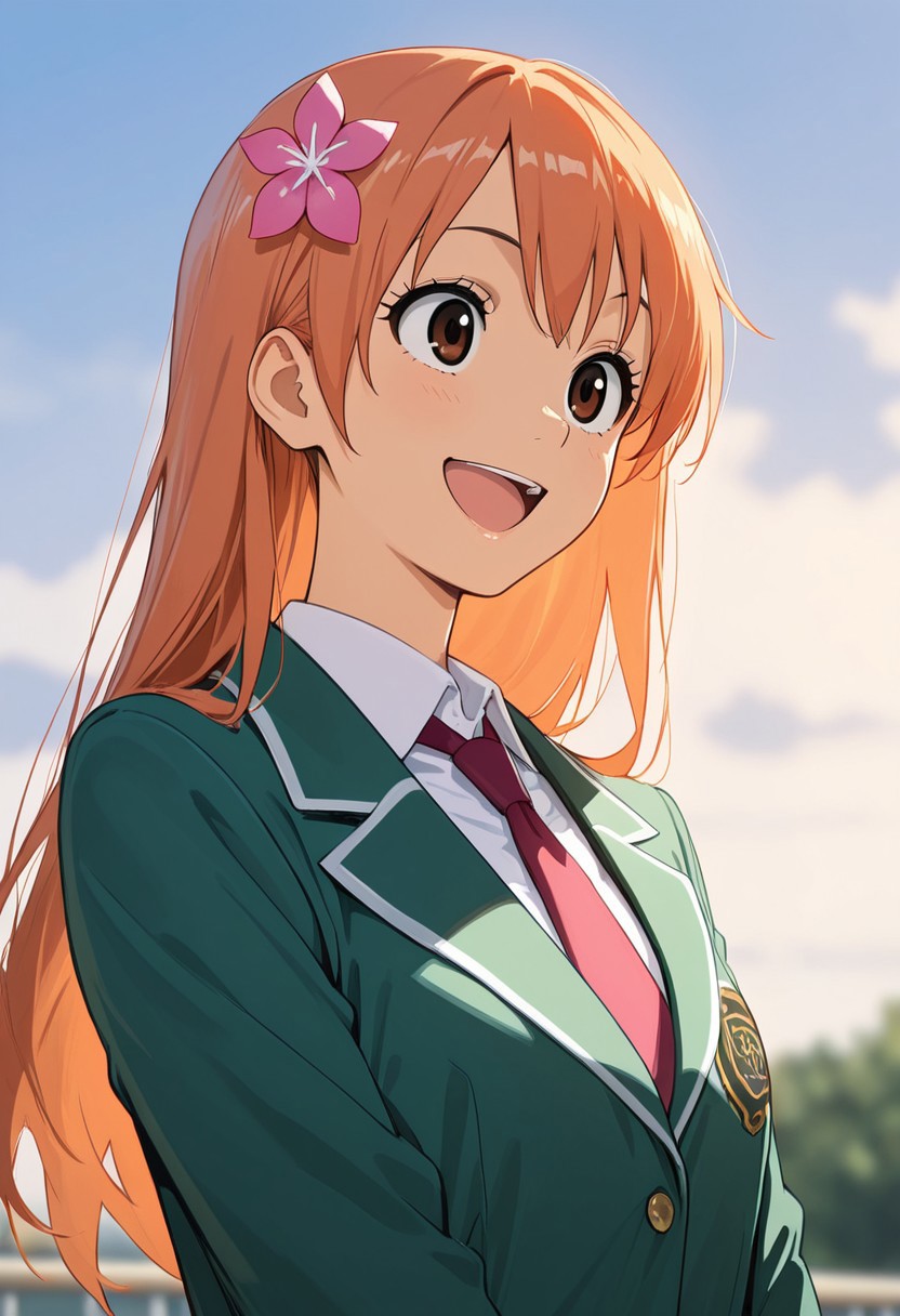 ,masterpiece, very aesthetic,8k,masterpiece, best quality, yukahana, hairflower, bezzschooloutfit, green jacket necktie, 1girl, hair ornament, solo, open mouth, flower, hair flower, smile, orange hair, brown eyes, long hair, school uniform, sky, :d, 
, impressionism 1.5, high detail, depth of field, blurred background, dramatic lighting