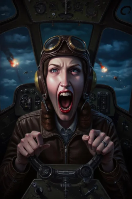 troybrooks1 painting
A female pilot screaming inside the cockpit of a World War II bomber. The pilot, wearing a vintage leather flight helmet with goggles and a bomber jacket, grips the controls with white-knuckled hands. Her face is contorted in a mix of fear and determination as she yells, her eyes wide with adrenaline. The cockpit is cramped and filled with old-fashioned dials and gauges, with the outside view showing dark stormy clouds and distant anti-aircraft fire <lora:troybrooks1_cap_d8a4e10:1.0><lora:854079346866947159:0>