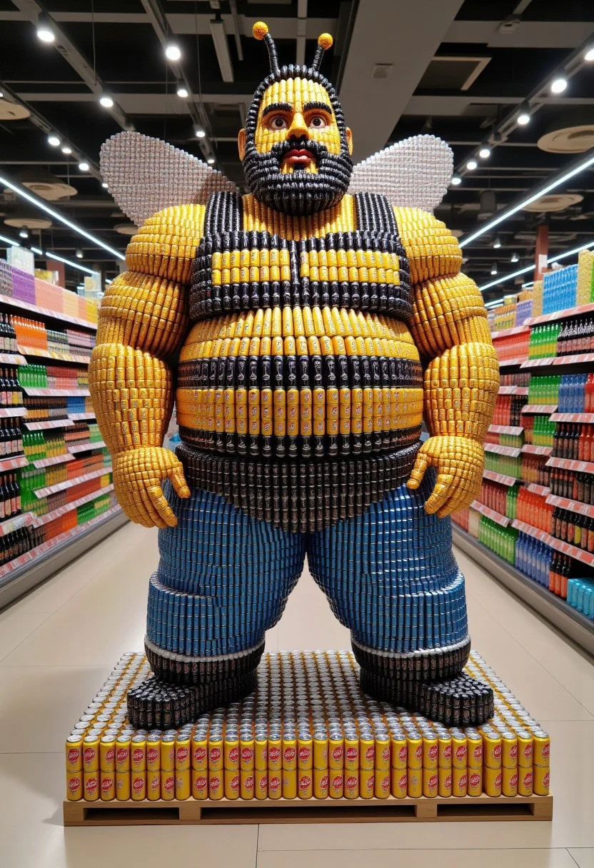 The image is a high-resolution photograph of an elaborate, creative arrangement inside a well-lit supermarket aisle. The centerpiece is a meticulously crafted, life-size model of Full body portrait shot, A giant fat man with a beard who is dressed as a bumble bee, in a crop top tank top, jeans that are skin tight, constructed entirely from cans of soda, along with the word "BUZZ DADDY".