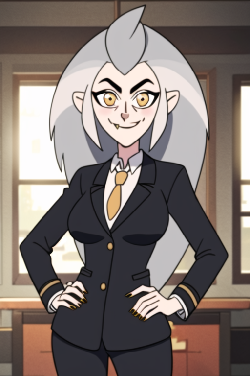masterpiece, best quality, <lora:edalyn:0.8>, 1girl, solo, grey hair, long hair, yellow eyes, smile, looking at viewer, fang, suit, formal, black jacket, collared shirt, jewelry, looking at viewer, sunlight, delicated ilumination, highly detailed, indoors, elegant, standing, hands on hips, breasts,