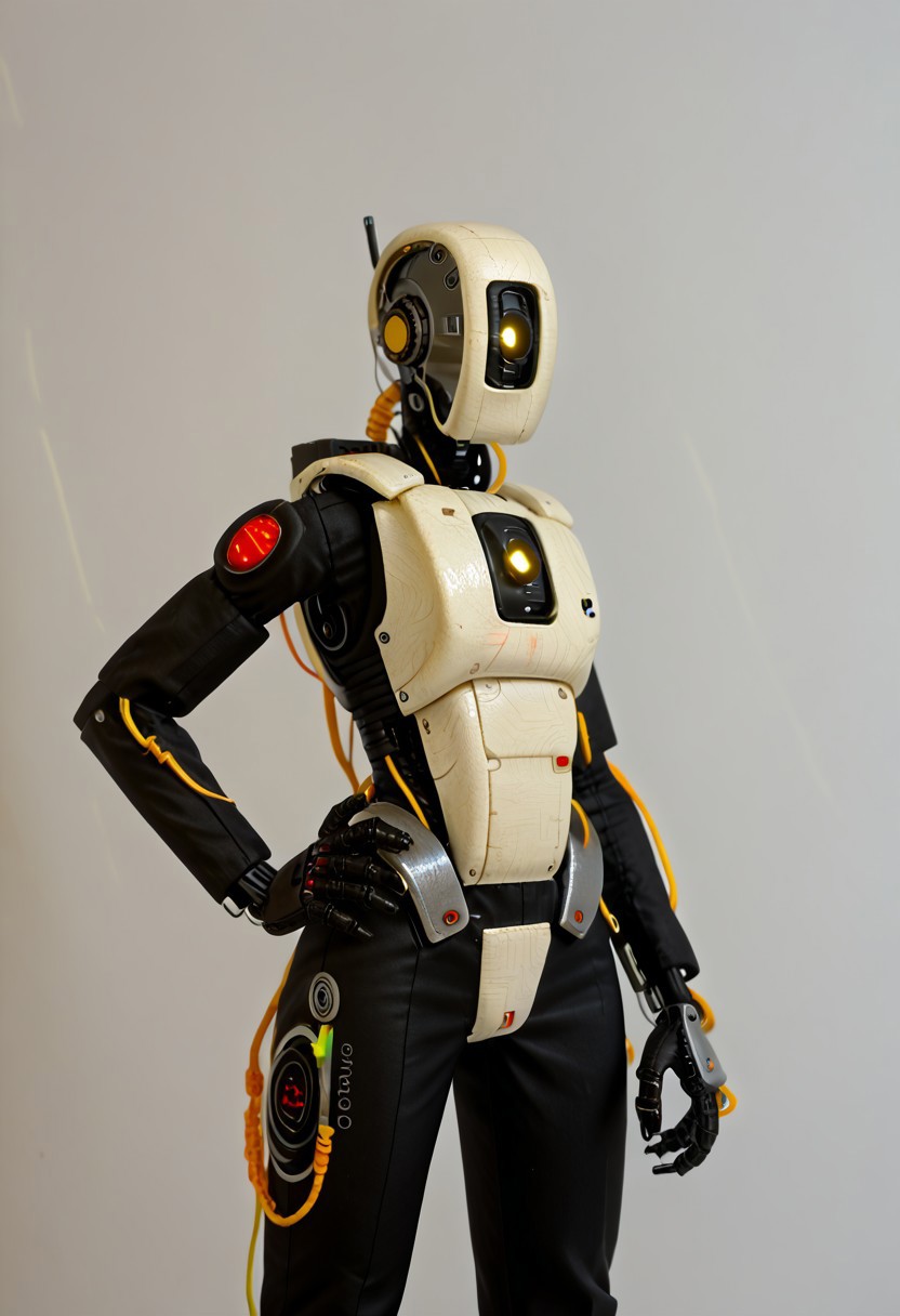 score_9, score_8_up, score_7_up, score_6_up, score_5_up, score_4_up, Anthro_Glados, Glados, general, solo, looking at viewer, standing, yellow eye, sketch, hand on hip, no humans, looking down, robot, wires, cables, clenched hand, science fiction, one-eyed, humanoid robot, redesign, photoshoot, studio lighting